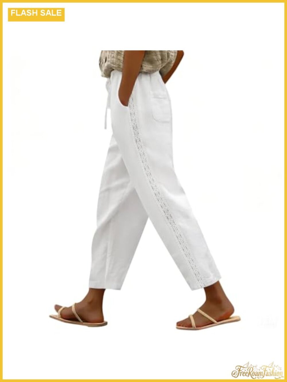 Linen Cotton Capri Pants Women Summer Casual Lace Side